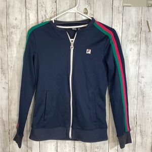 FILA Sport Jogging jacket -Ladies Size xs  Navy Blue & Pink And Green Stripes